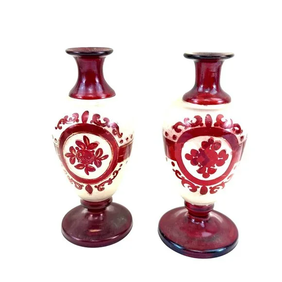 Antique Bohemian Ruby Glass Vases Pair Handblown Red Floral Design 7 Tall
